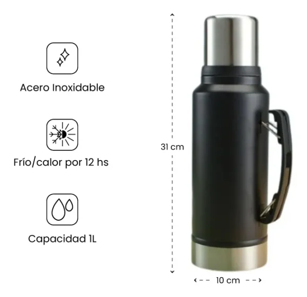 Termo Acero Inoxidable Liso 1L Con Asa Negro