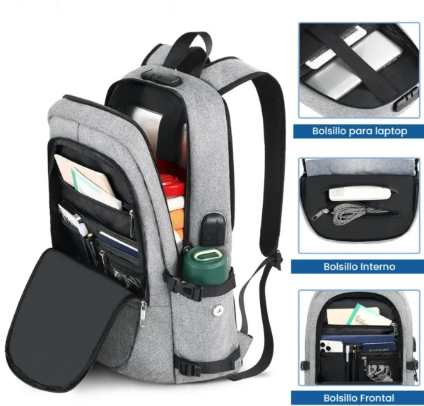 Mochila Para Notebook Carry Impermeable Antirrobo Usb Gris