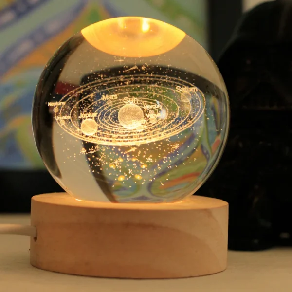 Lámpara 3d Cristal Decorativa Base Madera Usb Luz 6cm