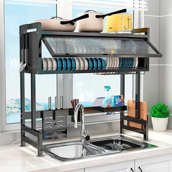 Escurridor de Vajilla Rack Organizador con 2 Estantes y Puerta de Acrílico