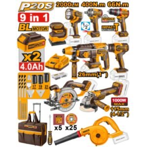 Kit Ingco 9 herramientas a batería + accesorios y valija
