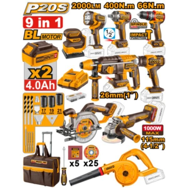 Kit Ingco 9 herramientas a batería + accesorios y valija