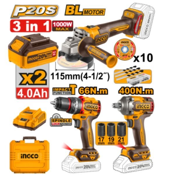 Kit Ingco a batería 3 herramientas + accesorios y valija