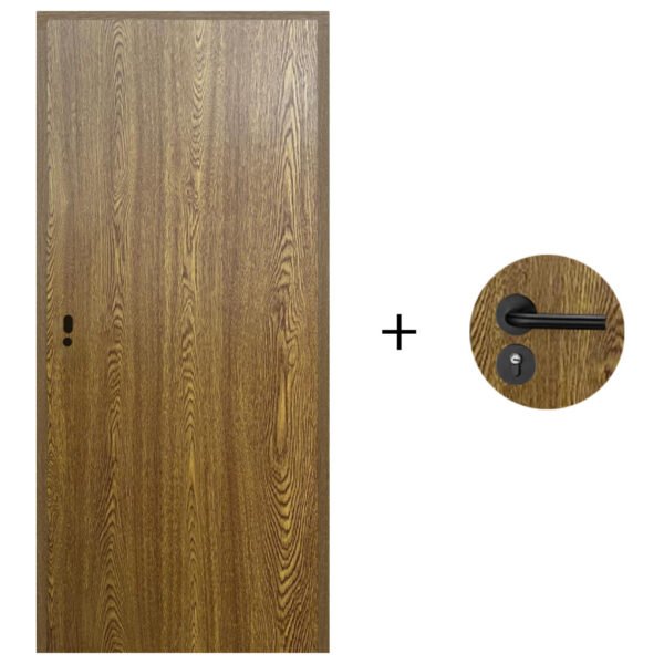Puerta Desarmada Interior en MDF con Marco y Cerradura Lumax - Marrón Claro Lisa Herraje Negro